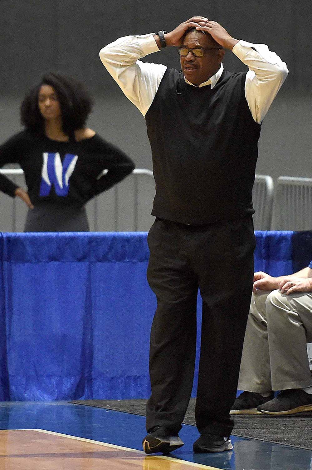 Newton head coach Marcus Stribling reacts to action on the court at the MHSAA State Basketball Tournament  semifinals on Tuesday, March 2, 2021, at the Mississippi Coliseum in Jackson, Miss. 