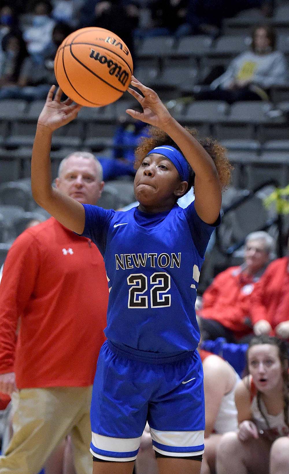 Newton's Kania Arrington (22) shoots against New Site at the MHSAA State Basketball Tournament  semifinals on Tuesday, March 2, 2021, at the Mississippi Coliseum in Jackson, Miss.