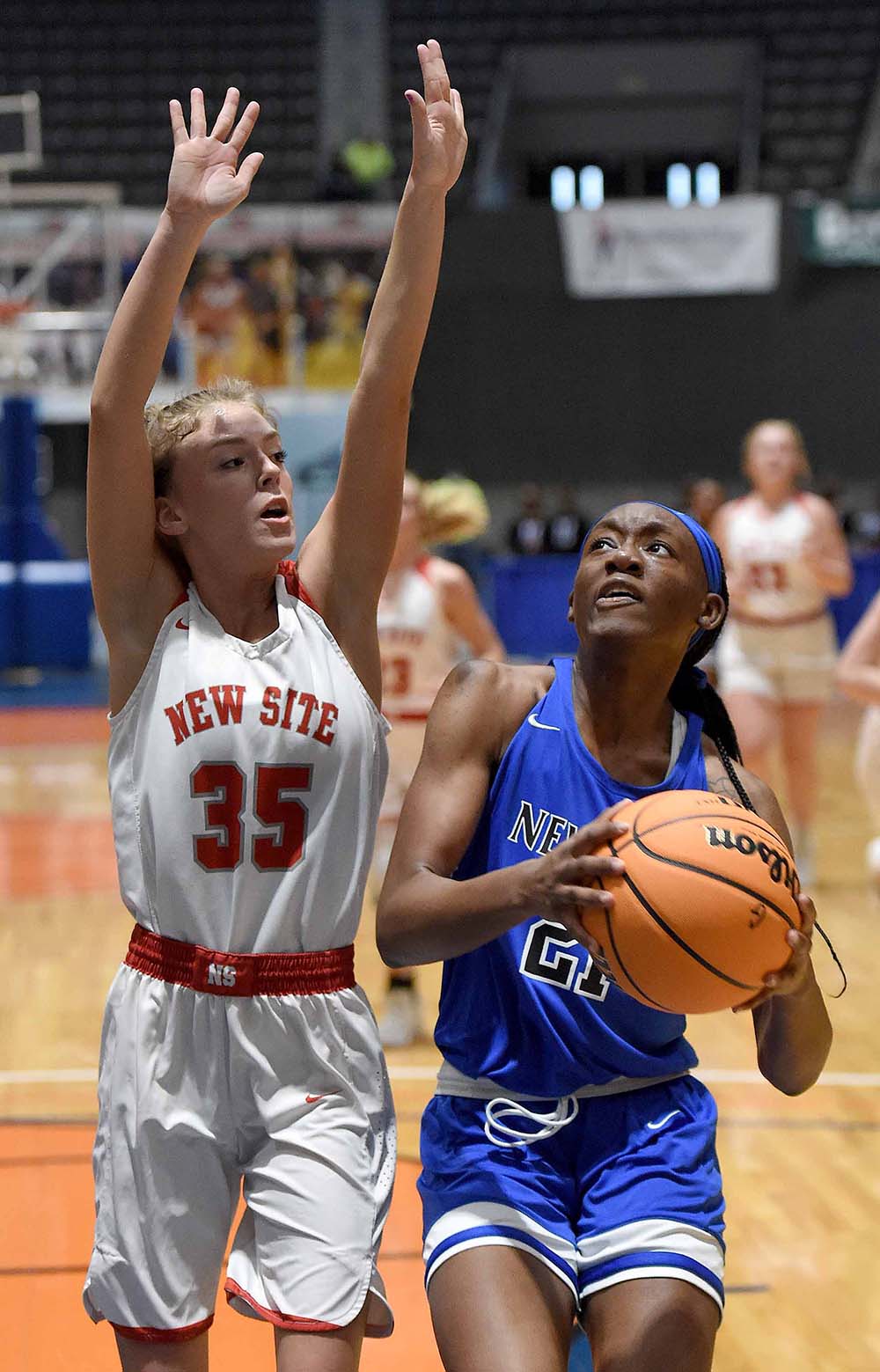 Newton's Ja'Leah Hickmon (21) handles the ball against New Site at the MHSAA State Basketball Tournament  semifinals on Tuesday, March 2, 2021, at the Mississippi Coliseum in Jackson, Miss.