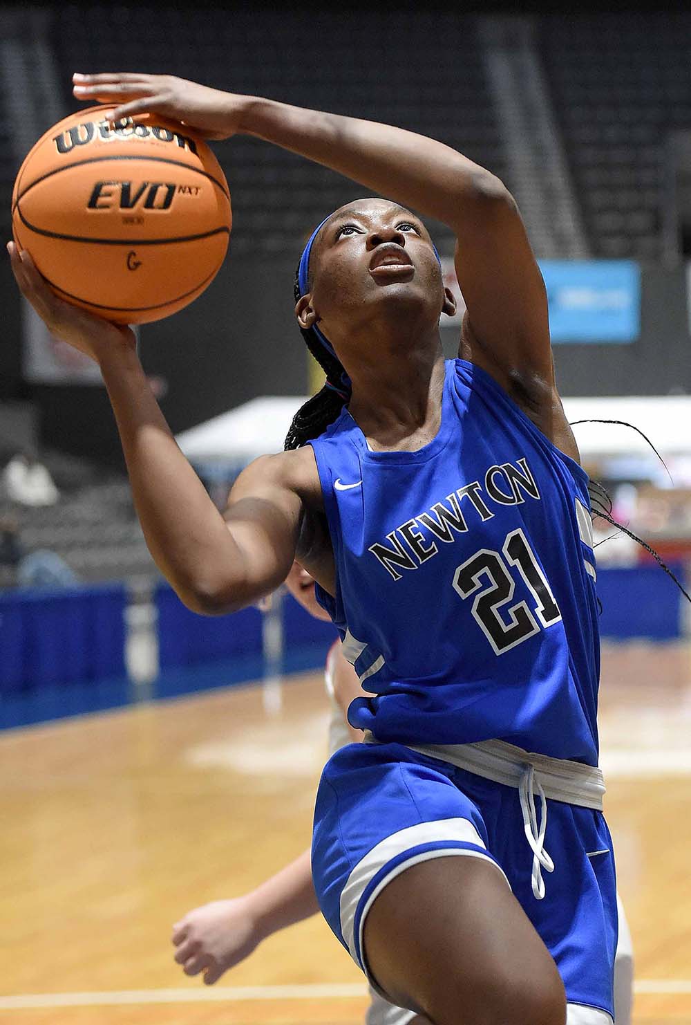 Newton's Ja'Leah Hickmon (21) shoots against New Site at the MHSAA State Basketball Tournament  semifinals on Tuesday, March 2, 2021, at the Mississippi Coliseum in Jackson, Miss.