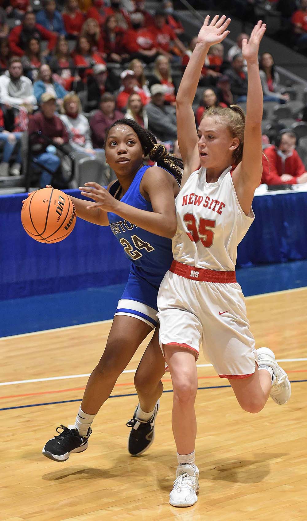 Newton's Zia Shields (24) drives against New Site at the MHSAA State Basketball Tournament  semifinals on Tuesday, March 2, 2021, at the Mississippi Coliseum in Jackson, Miss.
