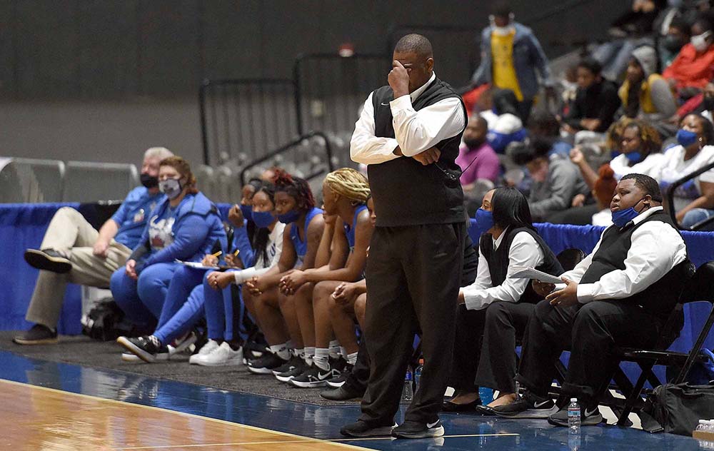 Newton head coach Marcus Stribling reacts to action on the court at the MHSAA State Basketball Tournament  semifinals on Tuesday, March 2, 2021, at the Mississippi Coliseum in Jackson, Miss.