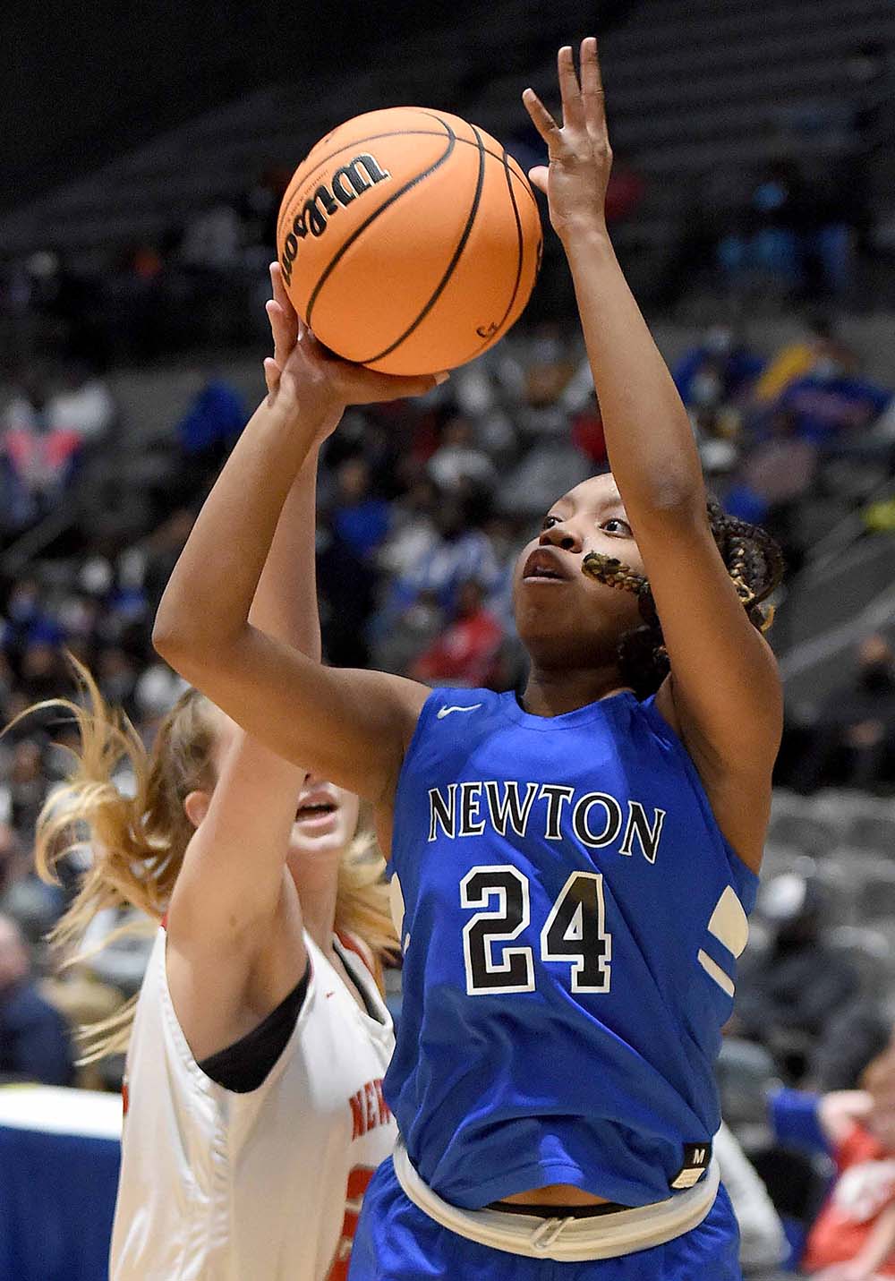 Newton's Zia Shields (24) shoots against New Site at the MHSAA State Basketball Tournament  semifinals on Tuesday, March 2, 2021, at the Mississippi Coliseum in Jackson, Miss.