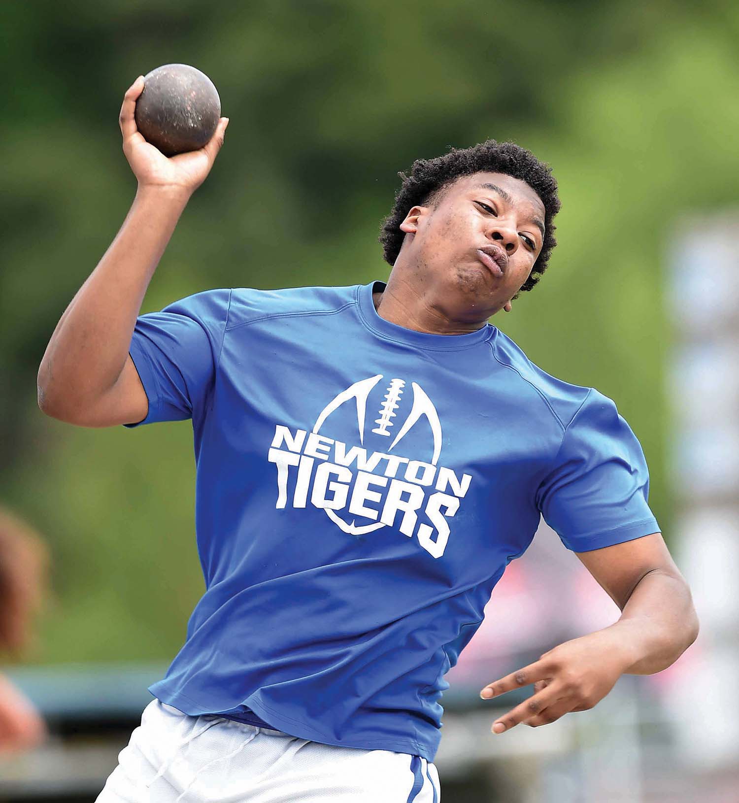 Newton High School's Emmanuel Robinson competes in the shot put at the MHSAA State Track & Field Championships for Class 2A, on Friday, April 29, 2022, at Pearl High School in Pearl, Miss.