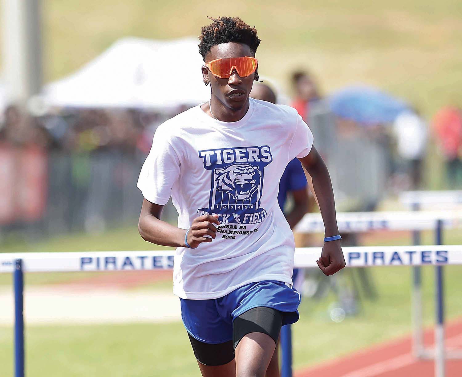 Newton High School's Rayvion Nettles competes in the 110 meter hurdles at the MHSAA State Track & Field Championships for Class 2A, on Friday, April 29, 2022, at Pearl High School in Pearl, Miss.