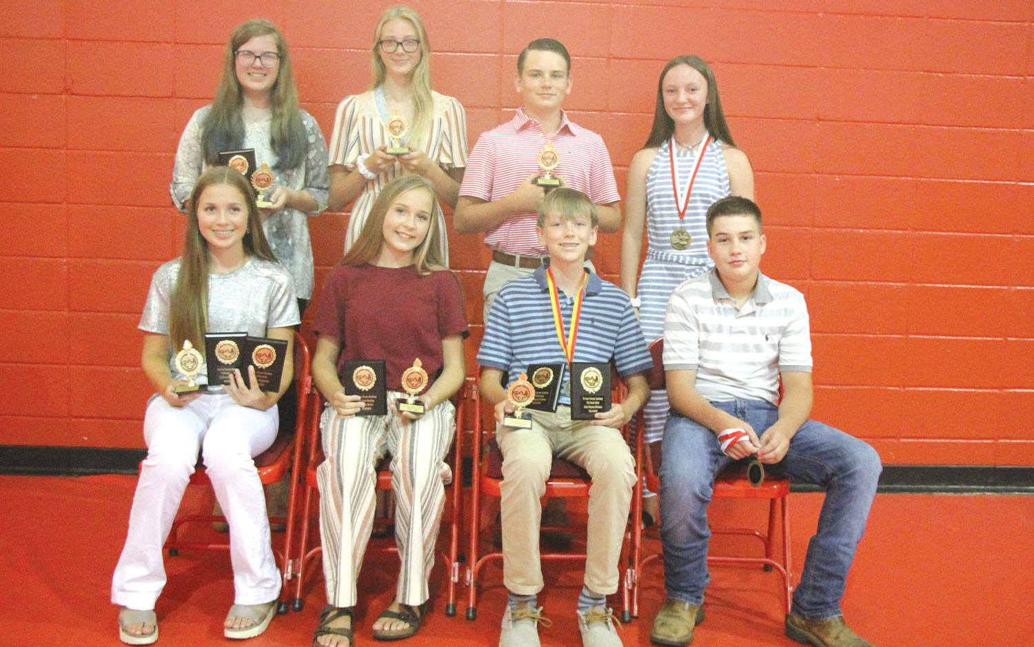 Students receiving awards in the seventh grade at Newton County Academy included: Sydnee Cosgrove, Science, 7th grade Citizenship, and Headmaster’s List; Addison Mathis, 7th Grade Reading and Headmaster’s List; John Clayton Kitchens, 7th Citizenship, Math, Accelerated Reading, and Headmaster’s List; Hayden Wall, Honor Roll; Back: Bentley Rose, World History and Headmaster’s List; Sophia Collins, Headmaster’ List; Tyler Thrash, Perfect Attendance and Headmaster’s List, Grace Pennington, Honor Roll (Not Pictured: Morgan Herrington, English I, Math, and Headmaster’s List; Lillian Nutt, Headmaster’s List; Olivia Bradford, Honor Roll). NCA photo