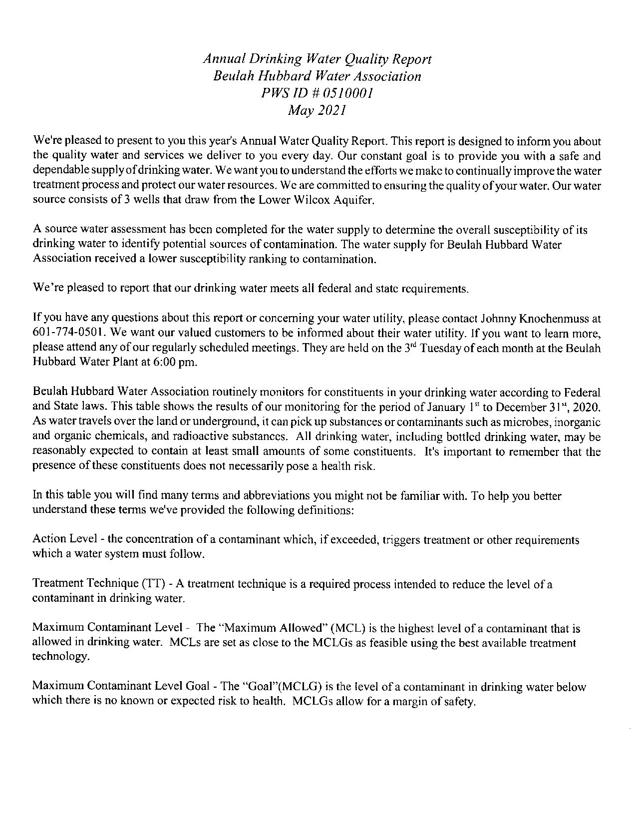 Beulah Hubbard Water Report