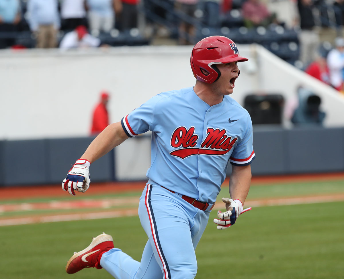 Kemp Alderman trots down the first base line after his home run gave Ole Miss a 10-9 win over LSU Saturday. | Photo Courtesy of Ole Miss Athletics
