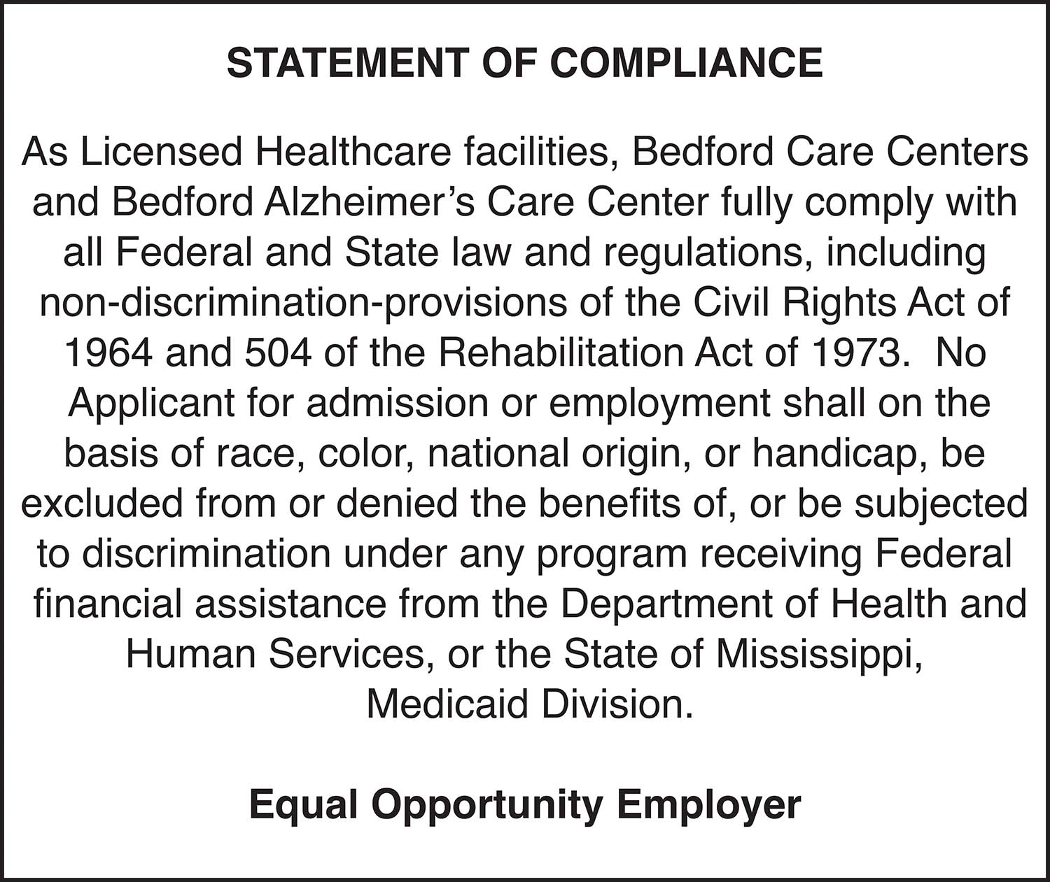 Bedford Statement of Compliance