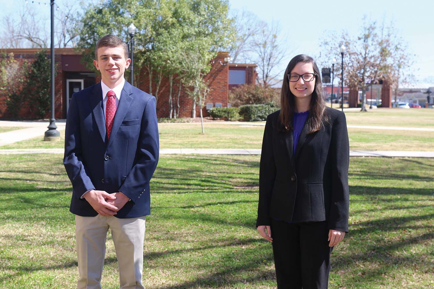 East Central Community College students Brian Pace (left) and Alison Watson, both of Collinsville, received first place honors in the Business Ethics category of the state DECA (Distributive Education Clubs of America) competition held virtually. They advanced to the national competition, which is also being held virtually. DECA prepares emerging leaders and entrepreneurs in marketing, finance, hospitality, and management in high schools and colleges around the globe. ECCC DECA sponsors are Wanda Hurley and Barry Karrh.  EC Photo