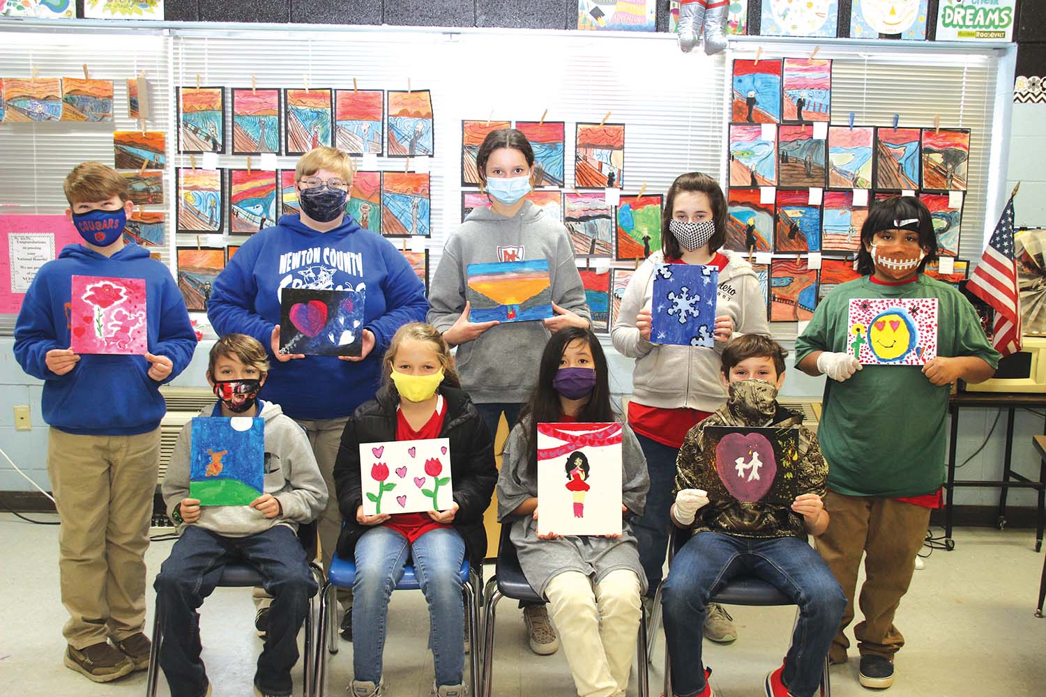 These fifth-grade students are preparing for the upcoming ECTAG Virtual Art Competition in Chris Whittle’s TAG classes at Newton County Elementary School. They have been using a seasonal theme to explore their creativity in various resources including Google Classroom and Create Digital Classroom ultimately with the goal of using Tempera paint in these pieces front row from left:  Collin Hoover, Aubrey Jones, Kaybre Powell, and Brody Reese; back row from left: Brayden Schellbach, Pierce Allen Gilbert, Karmyn Butler, Baylee Walker, and Jabastian Ben.  Submitted photo