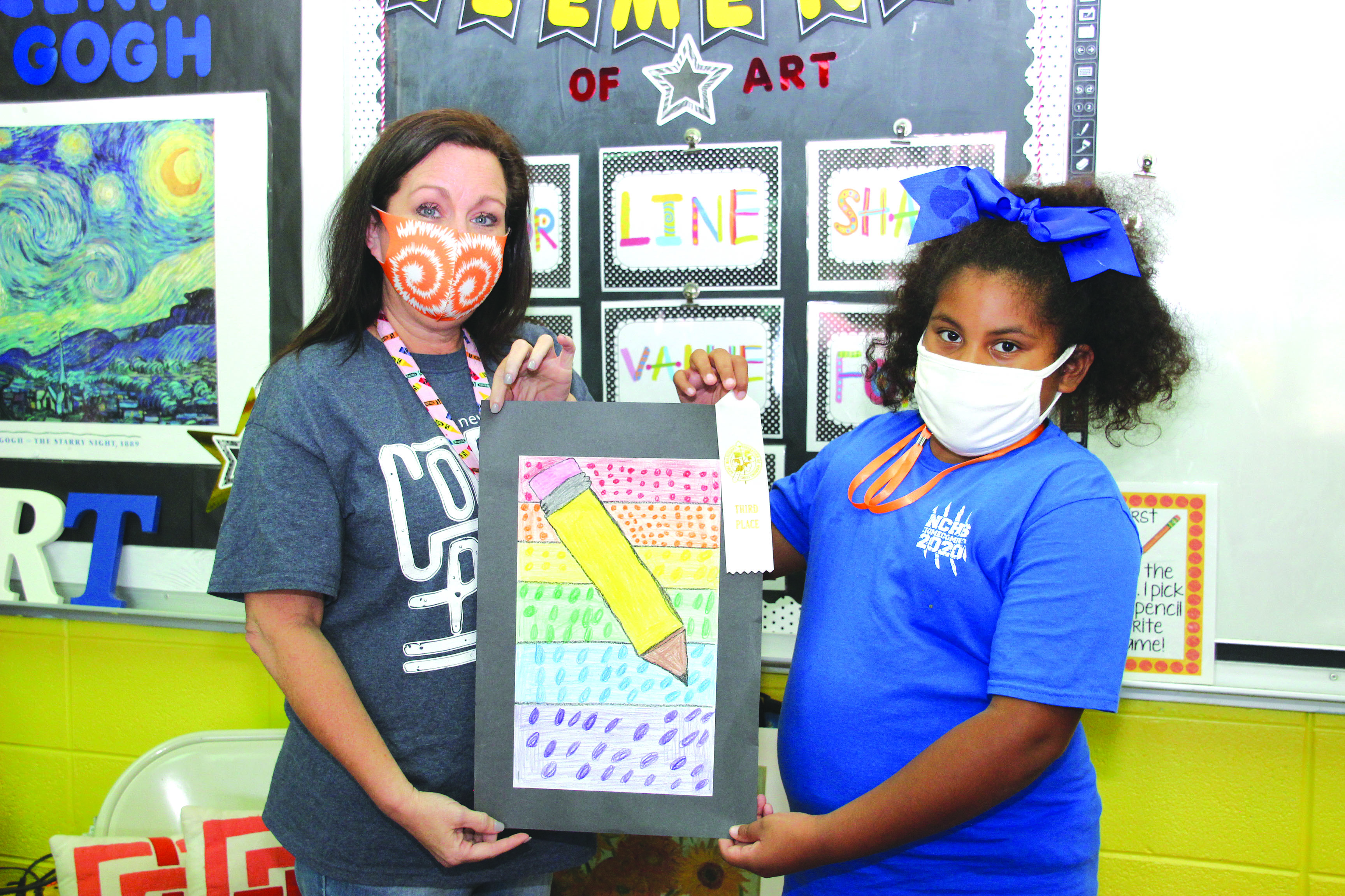 Newton County Elementary School art teacher Beth Jenkins presents NCES third grader Sammi Triplett with her winning entry and ribbon on behalf of the Decatur Woman’s Progressive Club (DWPC). Sammi’s art won third place at the 2020 GFWC-MFWC State Art Competition this spring in the youth art, Class B-Division II Elementary category. The partnership between Newton County Elementary School art teacher Beth Jenkins and the DWPC 2019-2020 art chairman Felicia Smith afforded elementary art to be presented on the district and state level.