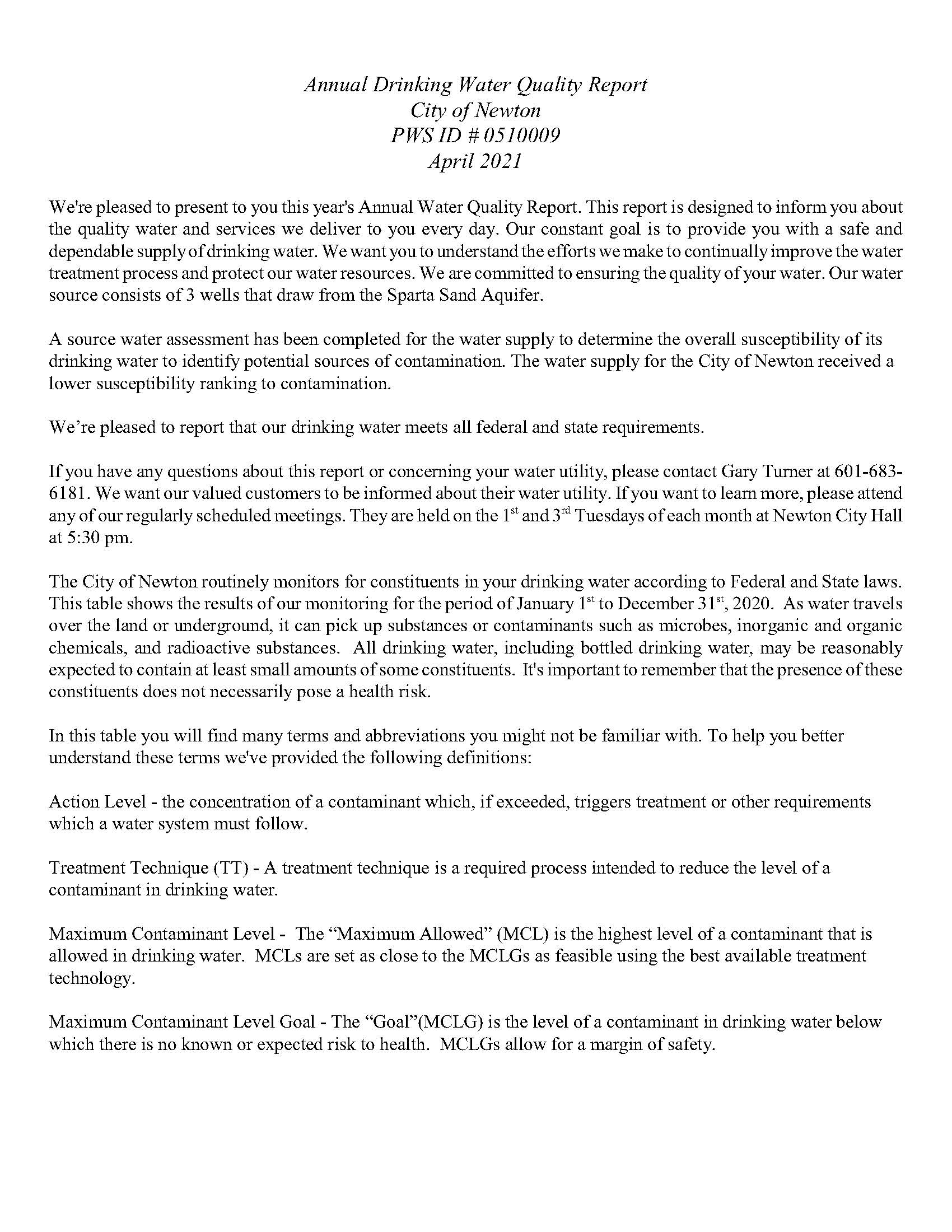 Newton City Water Report 