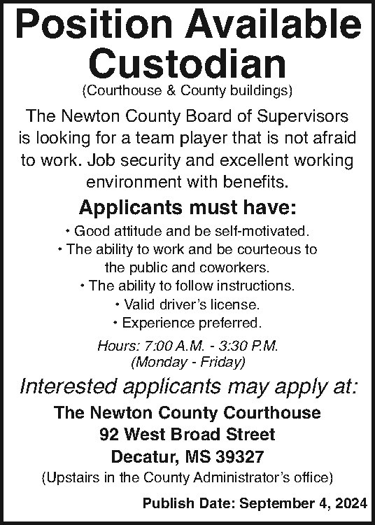 POSITION AVAILABLE - CUSTODIAN