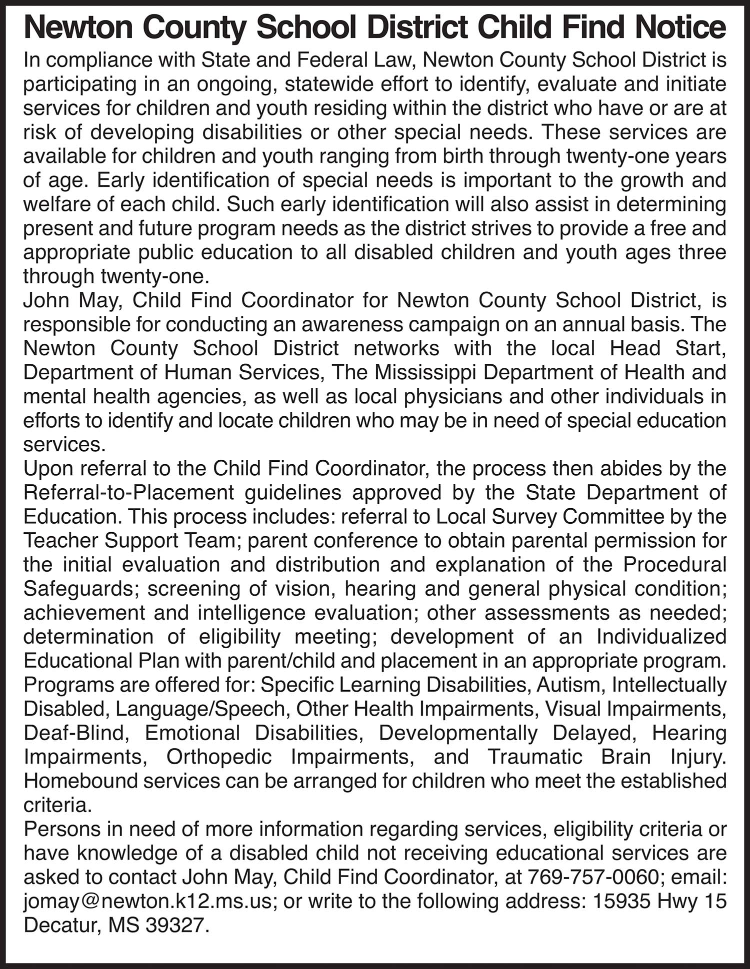 Newton County Child Find