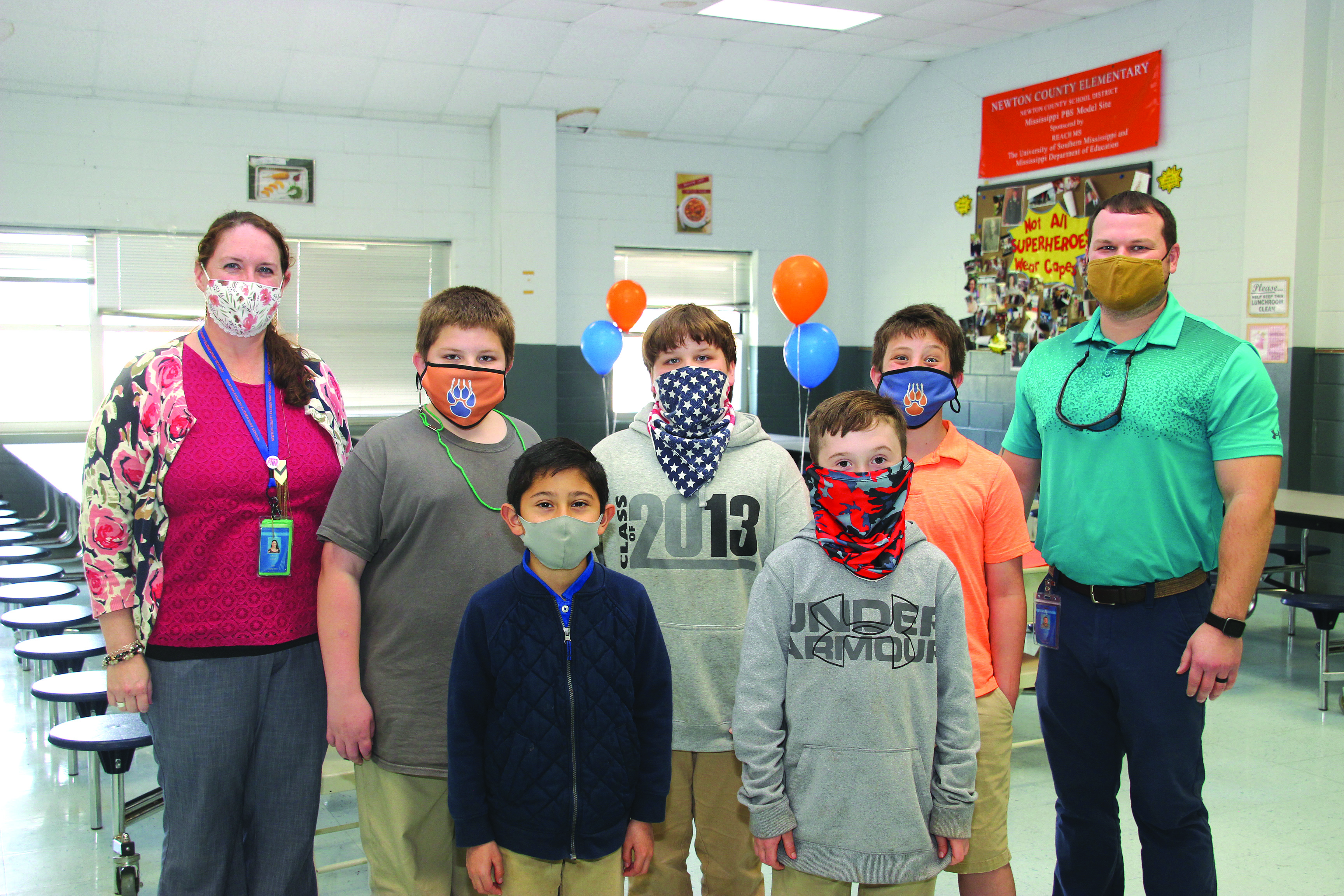 Faculty, staff, and administration at Newton County Elementary School recognize students who are “caught” going above and beyond the Cougar Code with a Positive Behavior Referral. This nine weeks, the POR students were treated to a VIP lunch with the Assistant Principals front row from left:  Isaac Herrera and Braxton Boyd; back row from left:  NCES Assistant Principal Jessica Loper, Andrew McElhenney, Dalton Deen, Brayden Liles and NCES Assistant Principal John May.  Submitted photo