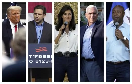 This combination of 2023 photos shows, from left, former President Donald Trump, Florida Gov. Ron DeSantis, former U.N. Ambassador Nikki Haley, former Vice President Mike Pence and South Carolina Sen. Tim Scott. “There is a segment of the white evangelical populace, they’re looking for a way to distance themselves with the deal with the devil they made in 2016" in supporting Trump, said the Rev. Joel Bowman Sr. of Louisville, Kentucky, who was among several Black pastors who left the SBC in 
