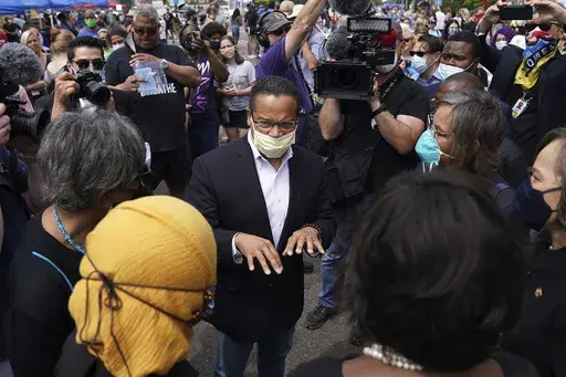 Minnesota Attorney General Keith Ellison, center, speaks with Rep. Ilhan Omar, D-Minn., and members of the Congressional Black Caucus as they visit the site of George Floyd's death in south Minneapolis on June 4, 2020. (Anthony Souffle/Star Tribune via AP, File)