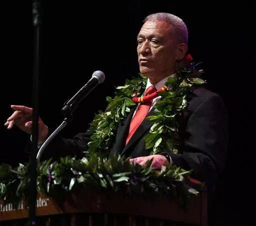 Maui County Mayor Richard Bissen delivers his State of the County Address at the Maui Arts & Cultural's Castle Theater, in Kahului, Hawaii, Friday, March 15, 2024. (Matthew Thayer/The Maui News via AP)