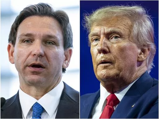 This combination of photos shows Florida Gov. Ron DeSantis speaking on April 21, 2023, in Oxon Hill, Md., left, and former President Donald Trump speaking on March 4, 2023, at National Harbor in Oxon Hill, Md. In his first week on the campaign trail as a presidential candidate, Gov. DeSantis repeatedly hit his chief rival, Donald Trump, from the right. DeSantis told a conservative radio host, “This is a different guy than 2015, 2016." Meanwhile, Trump has repeatedly attacked DeSantis from the 