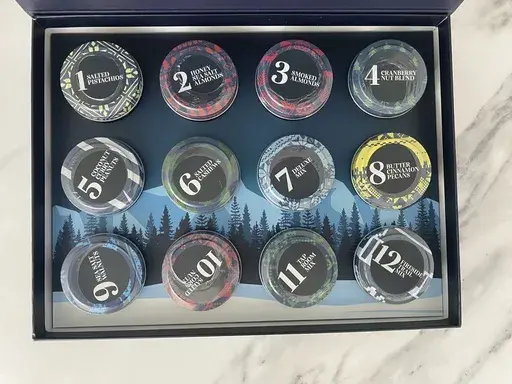 This image provided by Katie Workman shows the 12 Days of Gourmet Nuts calendar from Uncommon Goods. (Katie Workman via AP)