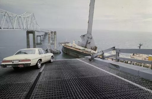 A car is halted at the edge of the Sunshine Skyway Bridge across Tampa Bay, Fla., after the freighter Summit Venture struck the bridge during a thunderstorm and tore away a large part of the span, May 9 1980. A container ship struck a major bridge in Baltimore early Tuesday, March 26, 2024, causing it to plunge into the river below. From 1960 to 2015, there have been 35 major bridge collapses worldwide due to ship or barge collision. (AP Photo/Jackie Green, File)