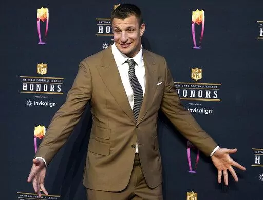 Rob Gronkowski arrives for the NFL Honors in Inglewood, Calif., on Feb. 10, 2022. The four-time Super Bowl winner will host a music festival called “Gronk Beach” in Phoenix on Saturday, Feb. 11, 2023, a day ahead of the Super Bowl. (AP Photo/Marcio Jose Sanchez, File)