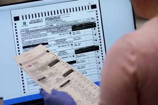 An election worker verifies a ballot on a screen inside the Maricopa County Recorders Office, Nov. 10, 2022, in Phoenix. On Friday, June 2, 2023, The Associated Press reported on stories circulating online incorrectly claiming newly released video shows election officials in Arizona’s Maricopa County illegally conducting “secret” voting equipment tests ahead of last November’s contested midterms. (AP Photo/Matt York, File)