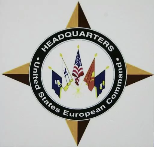 The logo of the headquarters of the US European Command (US EUCOM) is seen in the Patch Barracks in Stuttgart, southwestern Germany, Dec. 4, 2006. Five U.S. servicepeople were killed when a military aircraft crashed over the eastern Mediterranean Sea during a training mission, U.S. European Command said Sunday, Nov. 12, 2023. (AP Photo/Thomas Kienzle, file)