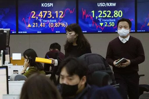 Currency traders pass by the screens showing the Korea Composite Stock Price Index (KOSPI), left, and the foreign exchange rate between U.S. dollar and South Korean won at the foreign exchange dealing room of the KEB Hana Bank headquarters in Seoul, South Korea, Wednesday, Feb. 8, 2023. Shares were mixed in Asia on Wednesday after stocks rallied on Wall Street following comments by the chair of the Federal Reserve signaling that last week’s stunningly strong jobs report won’t by itself sway 
