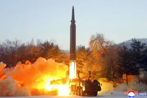 This photo provided by the North Korean government, shows what it says a test launch of a hypersonic missile in North Korea Wednesday, Jan. 5, 2022. Independent journalists were not given access to cover the event depicted in this image distributed by the North Korean government. The content of this image is as provided and cannot be independently verified. Korean language watermark on image as provided by source reads: "KCNA" which is the abbreviation for Korean Central News Agency. (Korean Cen