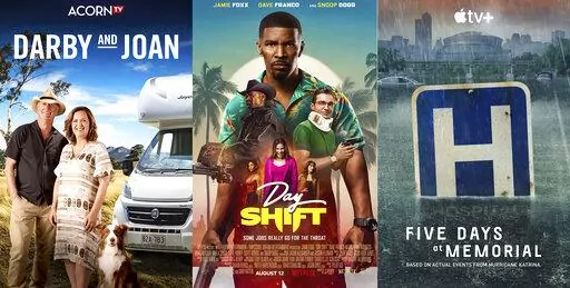 This combination of photos shows promotional art for "Darby and Joan," a series premiering Aug. 8 on Acorn, left, "Day Shift," a film premiering Aug. 12 on Netflix, center, and “Five Days at Memorial," a limited series premiering Aug. 12 on Apple TV+. (Acorn TV/Netflix/Apple TV+ via AP)