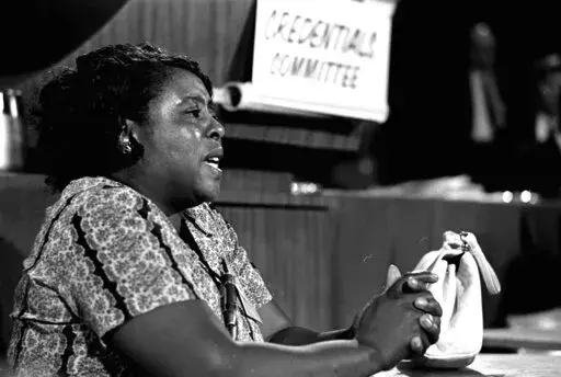 FILE-In this Aug. 22, 1964 photograph, Fannie Lou Hamer, a leader of the Freedom Democratic party, speaks before the credentials committee of the Democratic national convention in Atlantic City, N.J.  An anonymous donor is giving the University of Mississippi $100,000 to pay for a scholarship named after civil rights pioneer Fannie Lou Hamer, according to a news release from the university. The scholarship is designed to help students who are pursuing African American studies in the university's