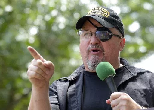 Stewart Rhodes, founder of the citizen militia group known as the Oath Keepers speaks during a rally outside the White House in Washington, on June 25, 2017. Rhodes was convicted Tuesday, Nov. 29, 2022, of seditious conspiracy for a violent plot to overturn Democrat Joe Biden’s presidential win, handing the Justice Department a major victory in its massive prosecution of the Jan. 6, 2021, insurrection. (AP Photo/Susan Walsh, File)