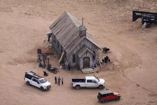 This aerial photo shows the Bonanza Creek Ranch in Santa Fe, N.M., on Oct. 23, 2021. A New Mexico judge has approved a $1.15 million settlement Monday, May 8, 2023, between a medic who worked on the “Rust” film set and one of several defendants she accused of negligence in the fatal 2021 shooting of a cinematographer by Alec Baldwin during a rehearsal. (AP Photo/Jae C. Hong, File)