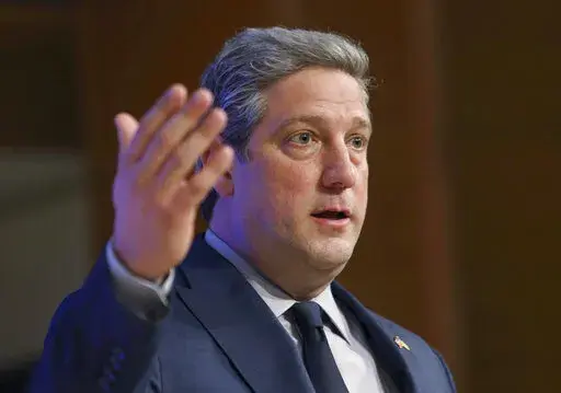 FILE—In this file photo from March 28, 2022, U.S. Senate Democratic candidate Rep. Tim Ryan, D-Ohio, in Ohio's U.S. Senate Democratic Primary talks to reporters after after a debate, in Wilberforce, Ohio. Democratic U.S. Rep. Tim Ryan and Trump-endorsed Republican and "Hillbilly Elegy" author JD Vance are scheduled to participate Monday, Oct. 10, 2022 in Cleveland for the first of two scheduled debates in their race to succeed retiring Republican Sen. Rob Portman in Ohio. (Joshua A. Bickel/The