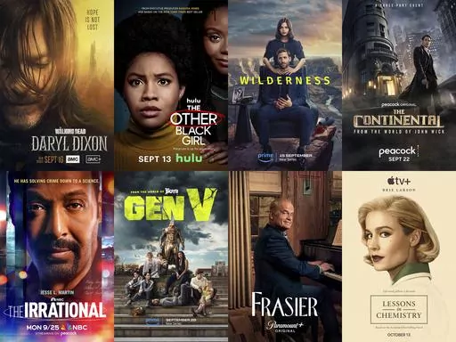 This combination of images shows promotional art for TV programs, top row from left, AMC's “The Walking Dead: Daryl Dixon,” "The Other Black Girl," premiering Sept. 13 on Hulu, "Wilderness," premiering Sept. 15 on Amazon, "The Continental: From the World of John Wick," premiering Sept. 22 on Peacock, bottom row from left, "The Irrational," premiering Sept. 25 on NBC, "Gen V," premiering Sept. 29 on Amazon, "Frasier," premiering Oct. 12 on Paramount+ and "Lessons in Chemistry," premiering Oct