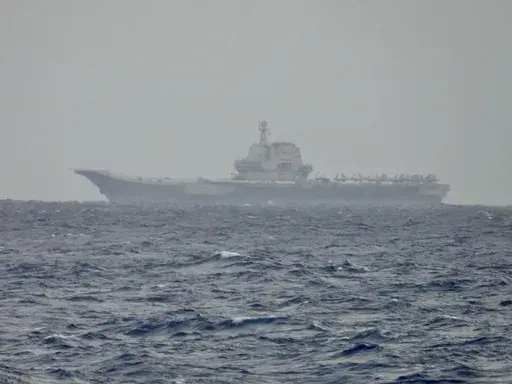 This image released by the Taiwan Ministry of National Defense shows China’s Shandong aircraft carrier sailing near Taiwan on Monday, March 31, 2025. (Taiwan Ministry of National Defense via AP)