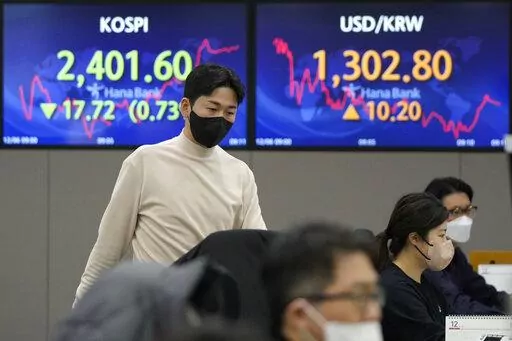 A currency trader passes by screens showing the Korea Composite Stock Price Index (KOSPI), left, and the exchange rate of South Korean won against the U.S. dollar at the foreign exchange dealing room of the KEB Hana Bank headquarters in Seoul, South Korea, Tuesday, Dec. 6, 2022. Stocks were mostly lower in Asia on Tuesday after Wall Street pulled back as surprisingly strong economic reports highlighted the difficulty of the Federal Reserve’s fight against inflation. (AP Photo/Ahn Young-joon)