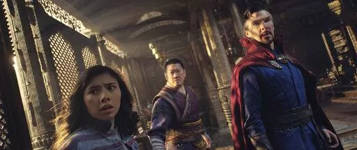 This image released by Marvel Studios shows, from left, Xochitl Gomez as America Chavez, Benedict Wong as Wong, and Benedict Cumberbatch as Dr. Stephen Strange in a scene from "Doctor Strange in the Multiverse of Madness." (Marvel Studios via AP)