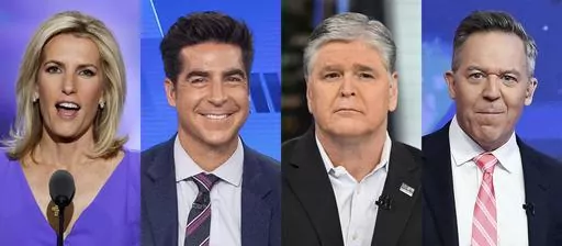 This combination of photos show Fox News commentators Laura Ingraham, from left, Jesse Watters, Sean Hannity and Greg Gutfeld. Watters will host an opinion show in the time slot formerly occupied by Tucker Carlson, Fox News Channel announced Monday. “Jesse Watters Primetime" will begin at 8 p.m. Eastern on July 17 as part of a revamped weekly nighttime lineup on Fox News. Laura Ingraham's show will air at 7 p.m., with Sean Hannity's popular show remaining at 9 p.m. Greg Gutfeld's late-night sh