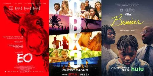 This combination of photos show promotional art for, from left, "EO," a film nominated for an Oscar for best international film, streaming Tuesday on the Criterion Channel, "Outer Banks," a series returning for a third season Feb. 23 on Netflix, and "Bruiser," a film premiering Feb. 24 on Hulu. (Sideshow and Janus Films/Netflix/Hulu via AP)