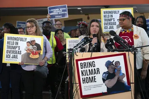 Jennifer Vasquez Sura, the wife of Kilmar Abrego Garcia of Maryland, who was mistakenly deported to El Salvador, speaks during a news conference at CASA's Multicultural Center in Hyattsville, Md., Friday, April 4, 2025. (AP Photo/Jose Luis Magana)