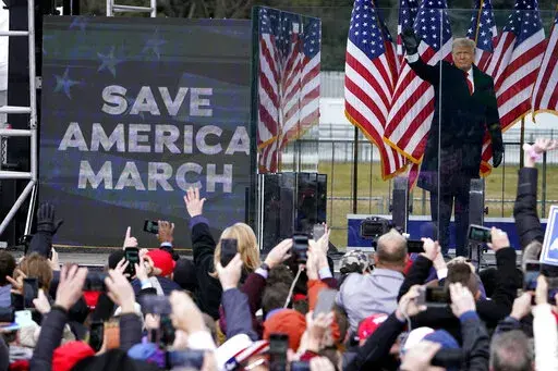 President Donald Trump arrives to speak at a rally in Washington on Jan. 6, 2021. On Monday, Jan. 10, 2022, attorneys for former President Trump and his associates argued in court that incendiary statements by Trump and others last Jan. 6 prior to the Capitol riot were protected speech and in line with their official duties. (AP Photo/Jacquelyn Martin, File)