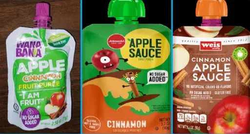 This image provided by the U.S. Food and Drug Administration on Nov. 17, 2023, shows three recalled applesauce products - WanaBana apple cinnamon fruit puree pouches, Schnucks-brand cinnamon-flavored applesauce pouches and variety pack, and Weis-brand cinnamon applesauce pouches. Dollar Tree failed to effectively recall the lead-tainted applesauce pouches linked to reports of illness in more than 500 children, leaving the products on some stores shelves for two months, the Food and Drug Administ