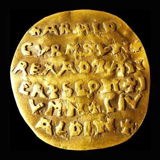 The 10th century golden Curmsun disc with the name of Danish King Harald “Bluetooth“ Gormsson (Curmsun in Latin) on it, coming from a tomb at the Roman Catholic church in Wiejkowo, Poland, photographed in Malmo, Sweden, in 2015. The Bluetooth wireless link technology is named after the king. More than 1,000 years after his death in what is now Poland, a Danish king whose nickname is known to the world through the Bluetooth technology is at the center of an archeological dispute. (Sven Rosbor