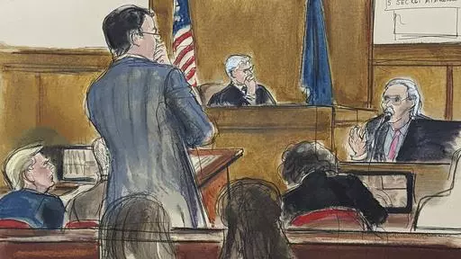 Former President Donald Trump, left, watches as David Pecker answers questions on the witness stand, far right, from assistant district attorney Joshua Steingless, in Manhattan criminal court, April 23, 2024, in New York. Testimony by the former National Enquirer publisher at Donald Trump's hush money trial this week has revealed an astonishing level of corruption at America's best-known tabloid and may one day be seen as the moment it effectively died. On Thursday, April 25, 2024 Pecker was bac