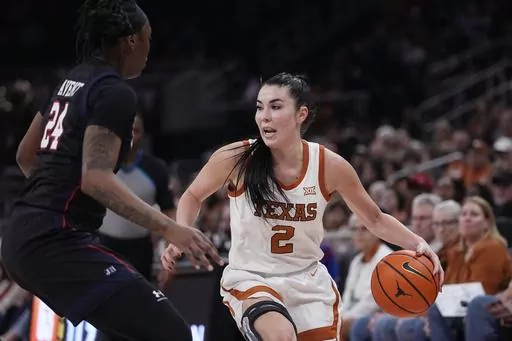 Texas guard Shaylee Gonzales (2) works the ball past Jackson State guard Andriana Avent (24) during the second half of an NCAA college basketball game in Austin, Texas, Wednesday, Dec. 27, 2023. (AP Photo/Eric Gay)