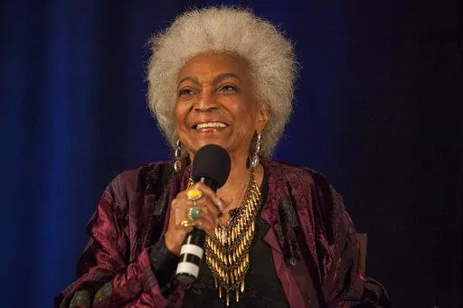 Actor Nichelle Nichols speaks during the Creation Entertainment's Official Star Trek Convention at The Westin O'Hare in Rosemont, Ill., Sunday, June 8, 2014. Nichols, who gained fame as Lt. Ntoya Uhura on the original "Star Trek" television series, died Saturday, July 30, 2022, her family said. She was 89. (Photo by Barry Brecheisen/Invision/AP, File)