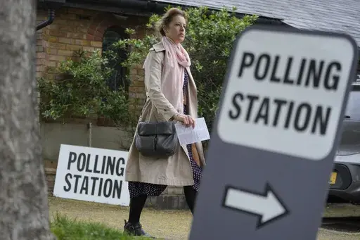 A woman holds her voting card as she arrives to vote in London in local elections, Thursday, May 2, 2024. U.K. voters are set to cast ballots in a national election on July 4, passing judgment on 14 years of Conservative rule. They are widely expected to do something they have not done since 2005 — elect a Labour Party government. (AP Photo/Kin Cheung, File)